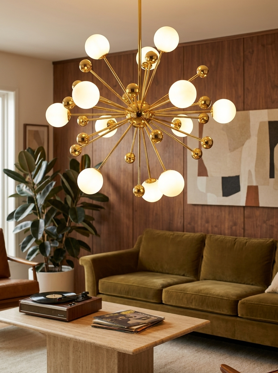 Aiolos chandelier close up showing electroplated gold arms and opal glass globes