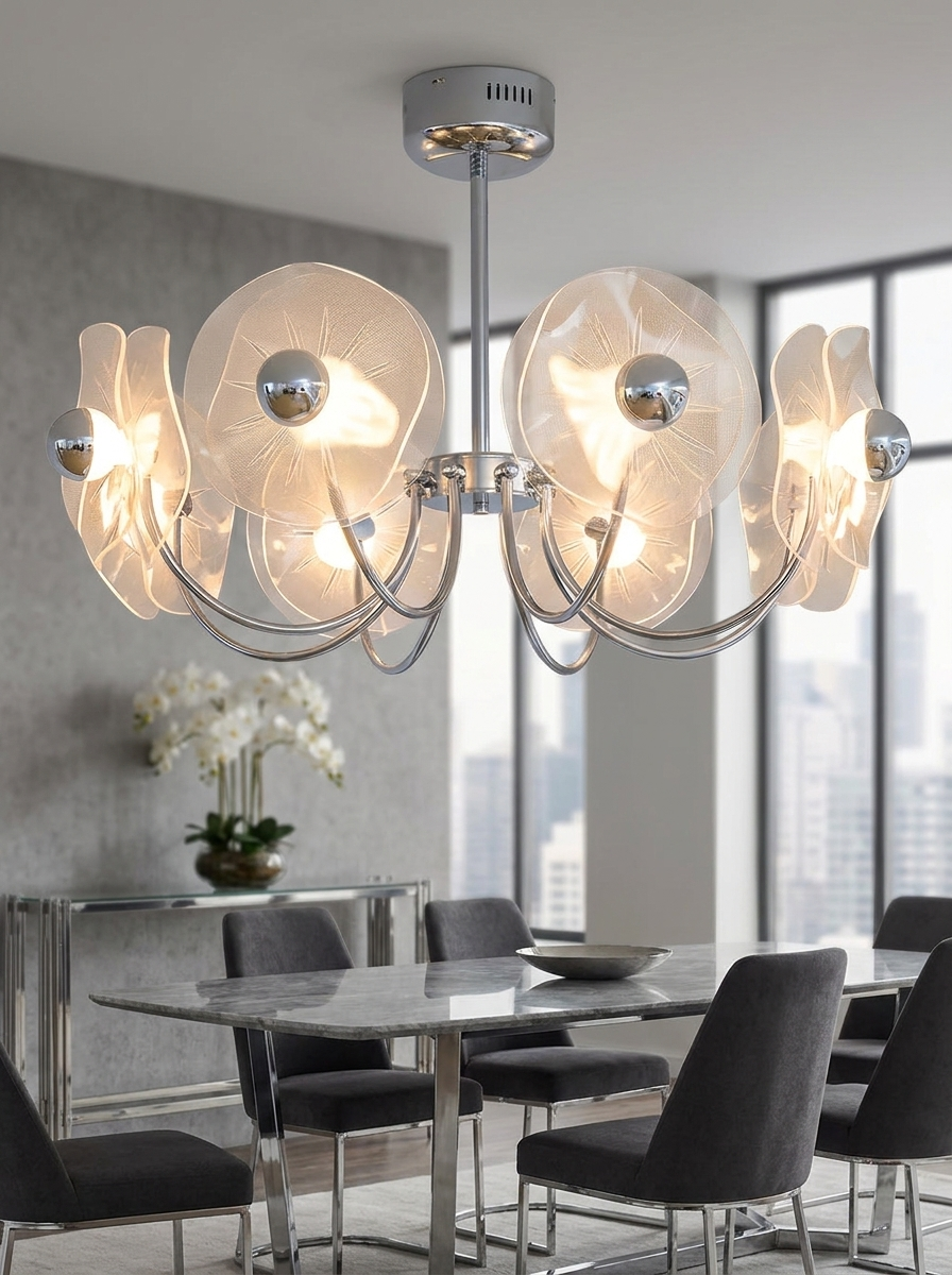 Alethea chandelier close up showing the chrome frame and translucent shades