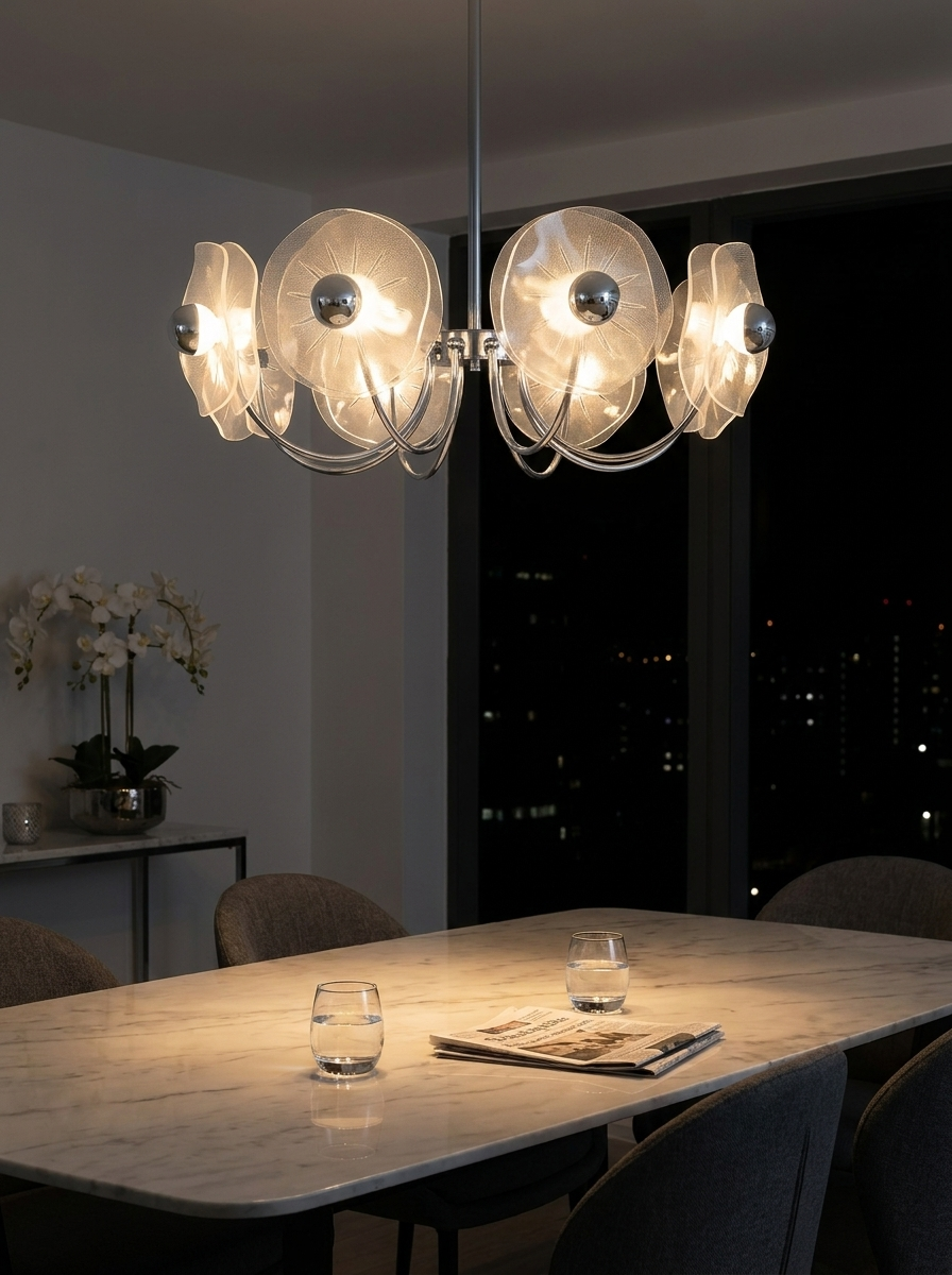 Alethea chandelier at night as the only light in a contemporary dining room