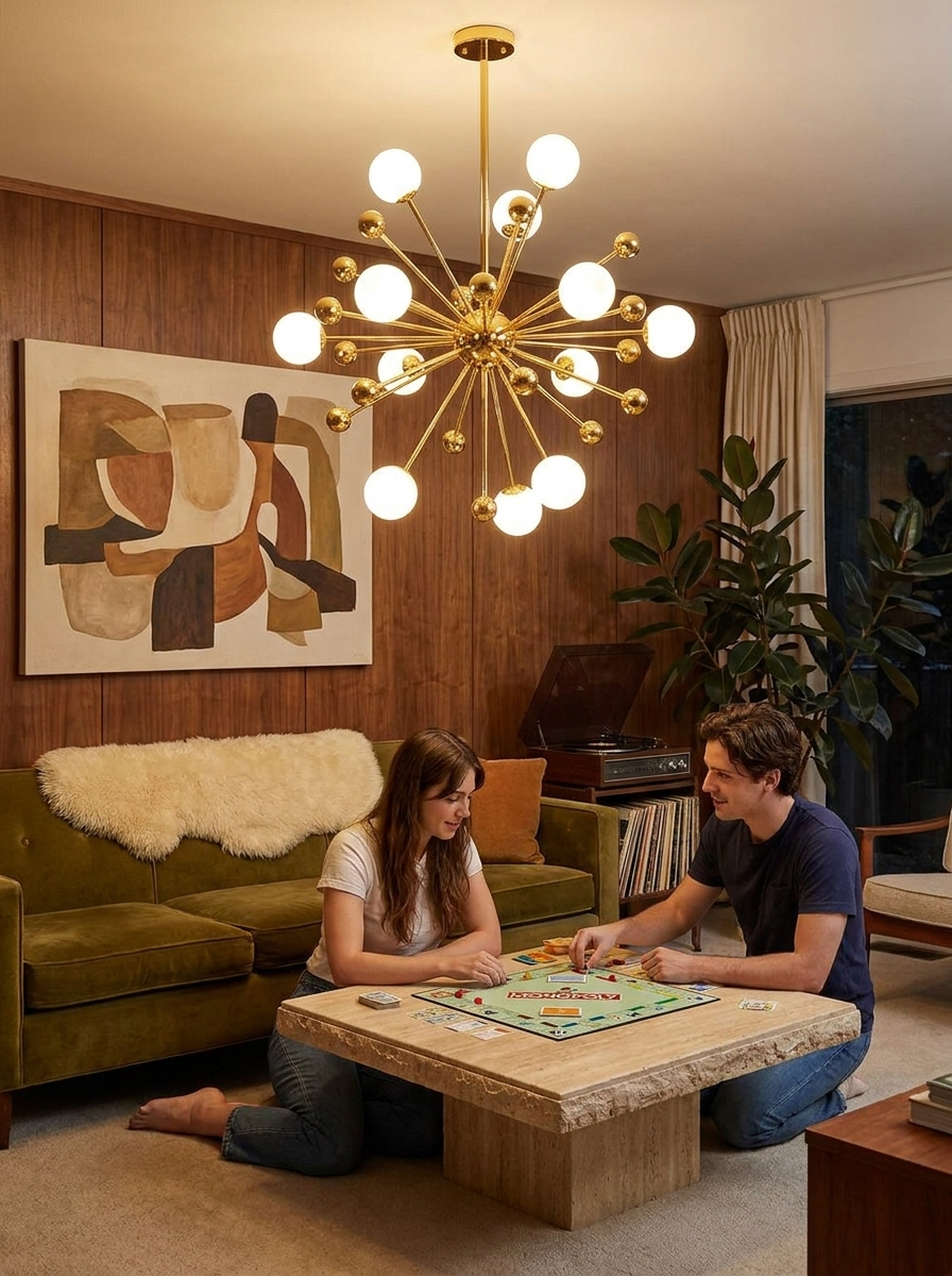 Aiolos gold sputnik chandelier lit in a mid century living room