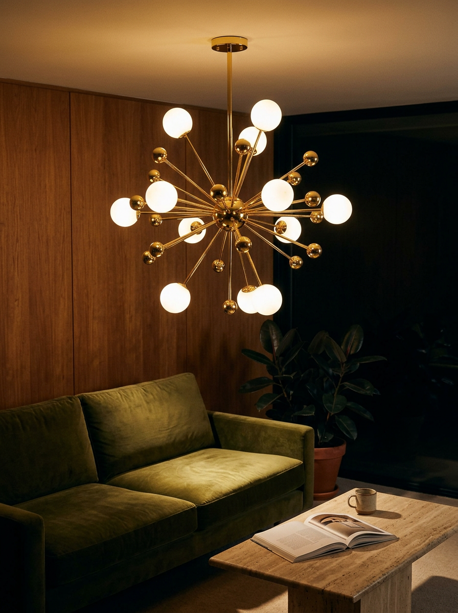 Aiolos chandelier at night as the only light in a mid century living room