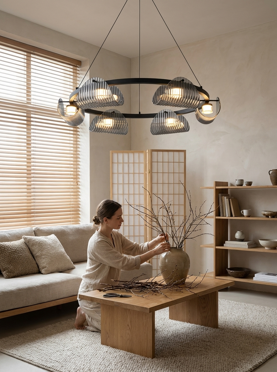 Alkmaion ribbed glass ring chandelier lit in a Japandi living room