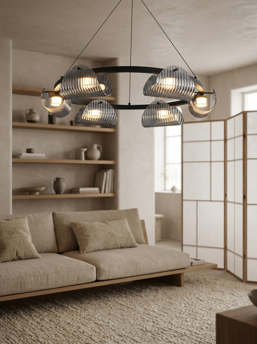 Alkmaion chandelier close up showing the black frame and smoky ribbed glass