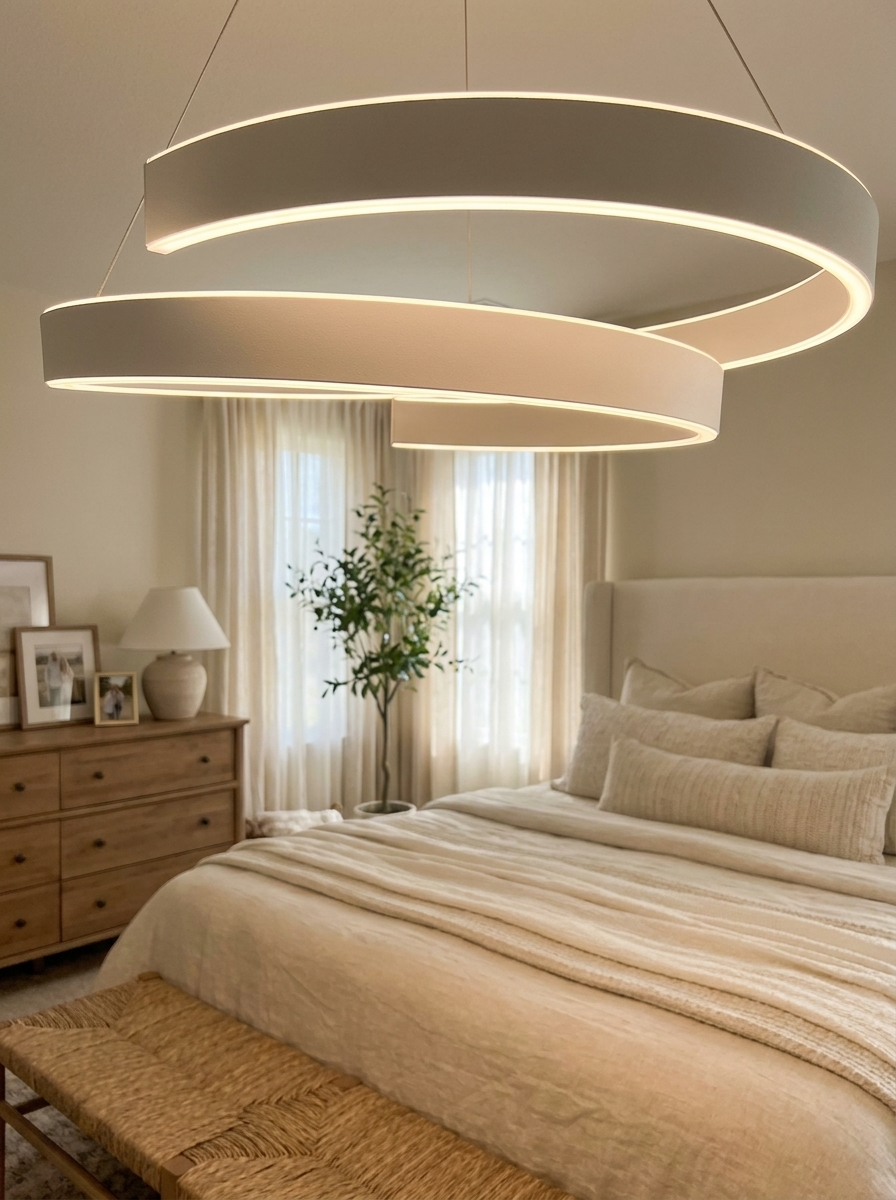 Andromache chandelier close up showing the offset polished white rings
