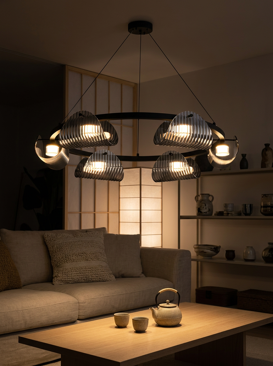 Alkmaion chandelier at night as the only light in a Japandi living room