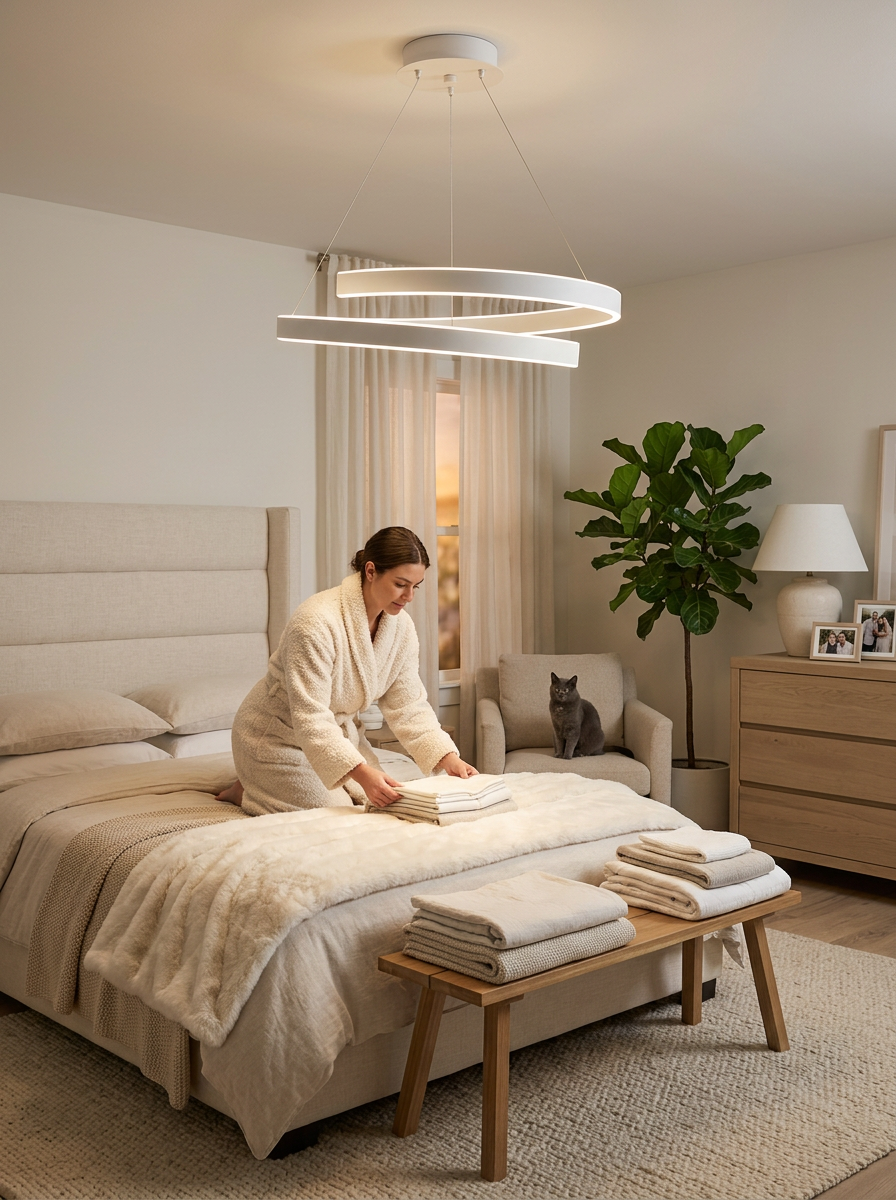 Andromache ringed LED chandelier lit in a cream and oatmeal bedroom