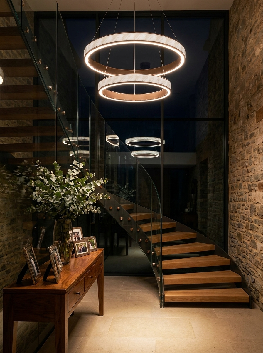Anthea chandelier at night as the only light in a stone stairwell