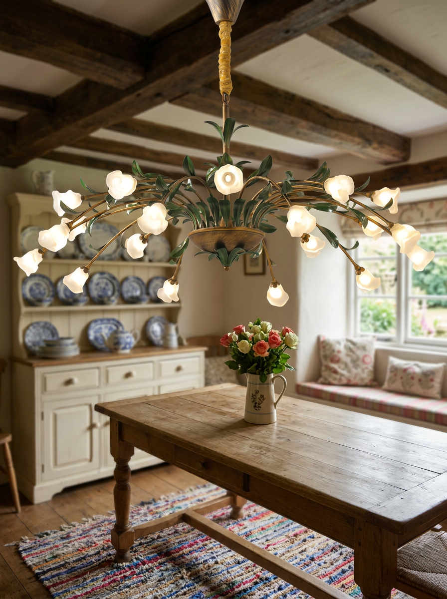 Arete chandelier close up showing the iron body and glass flower shades