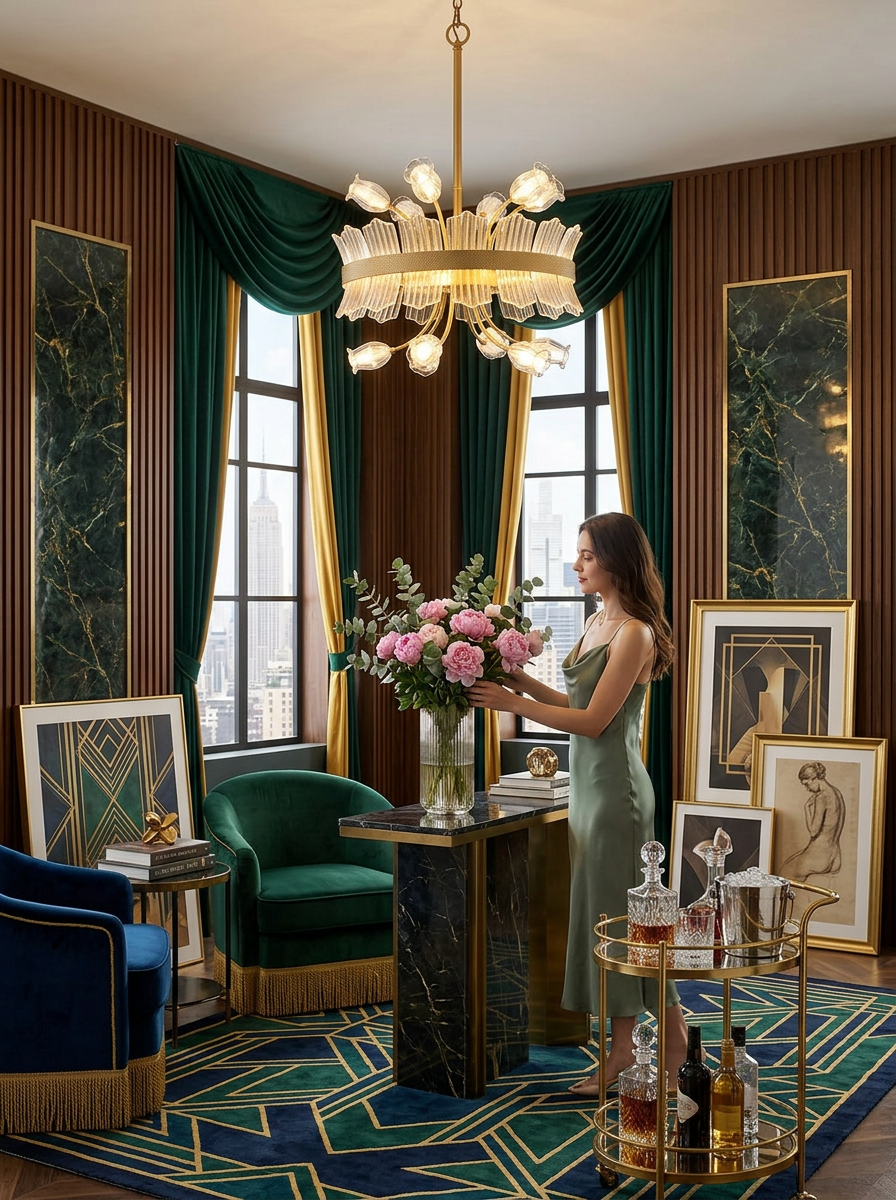 Aristaia gold and crystal blossom chandelier lit in an art deco apartment
