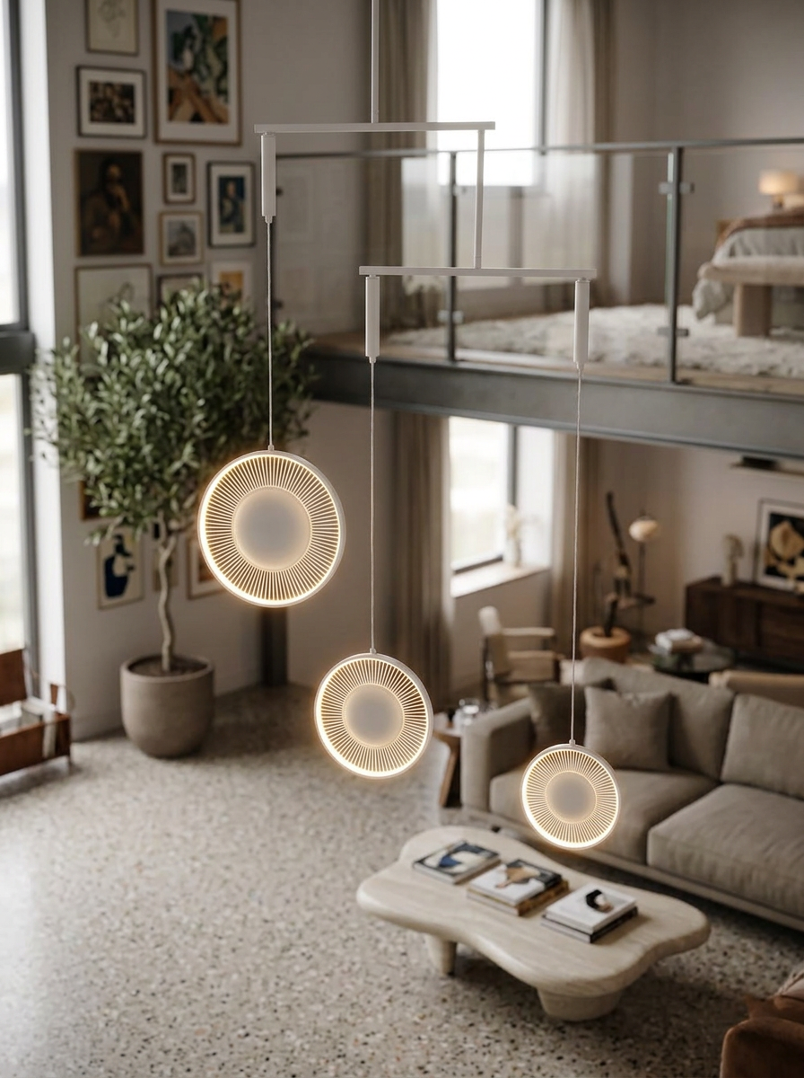 Aspasia chandelier close up showing the white rings and lit lenses