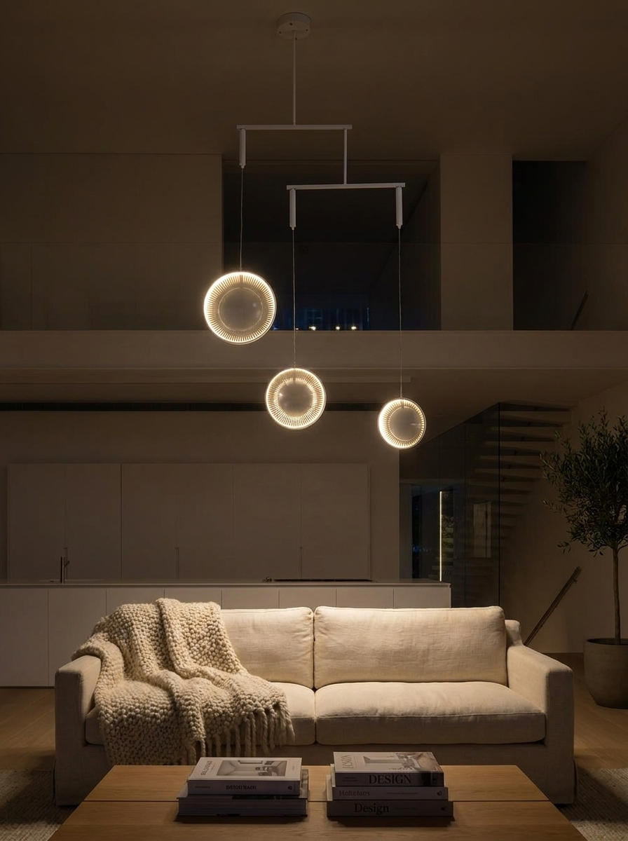Aspasia chandelier at night as the only light in a loft