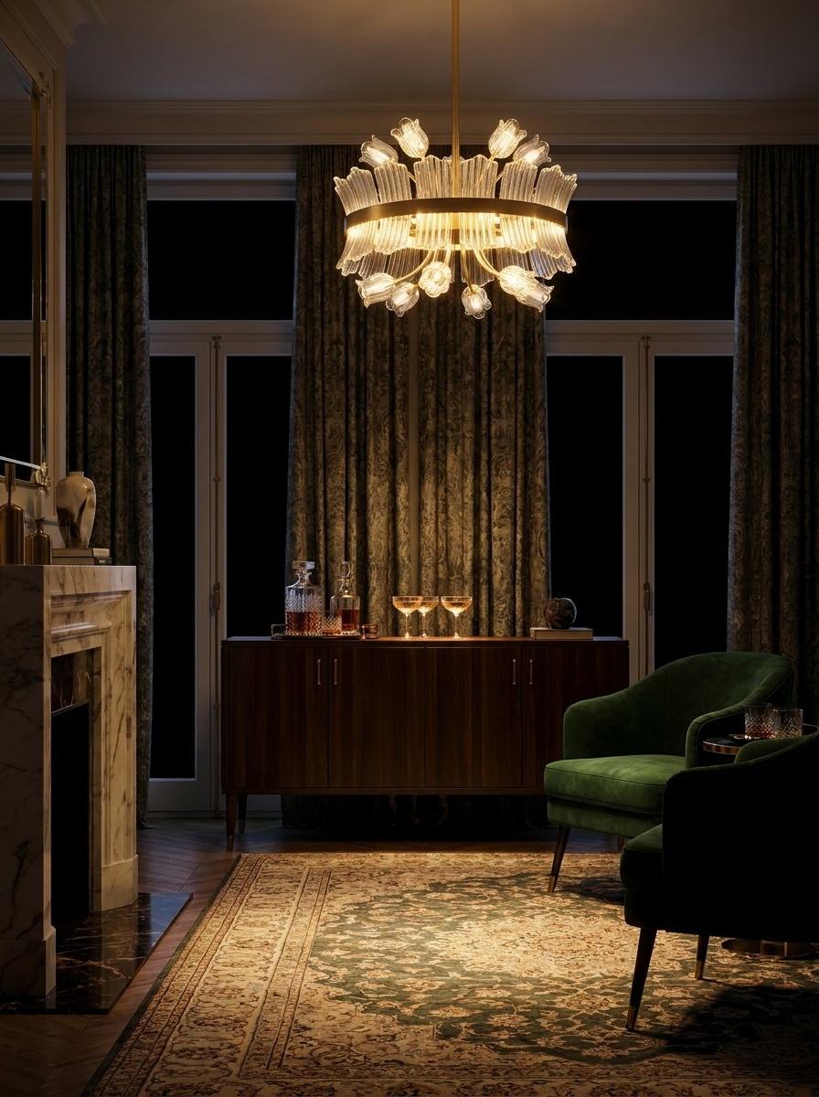 Aristaia chandelier at night as the only light in an art deco apartment