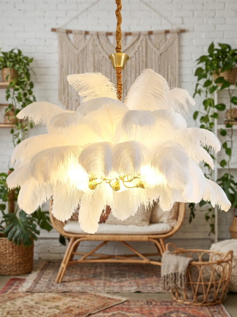 Ariston chandelier close up showing the brass frame and feather shade