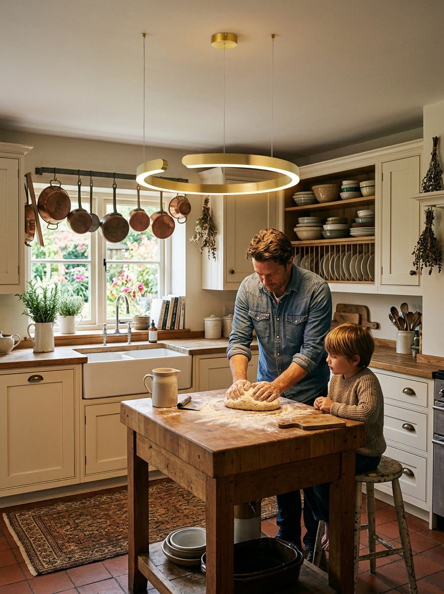 Autonoe open ring island pendant lit over a farmhouse kitchen island