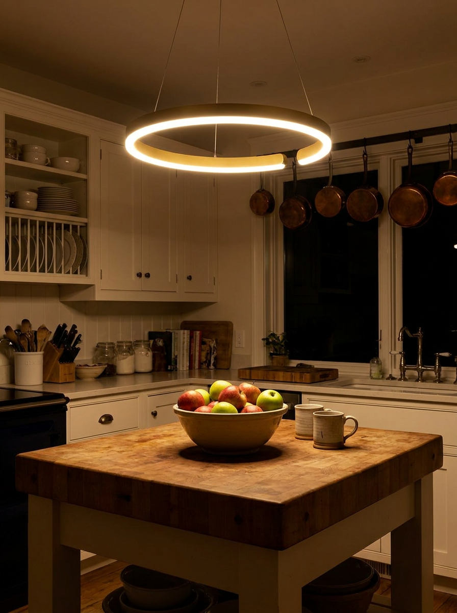 Autonoe pendant at night as the only light in a farmhouse kitchen