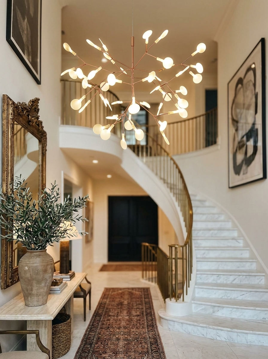 Bion chandelier close up showing the brass frame and its many lit heads