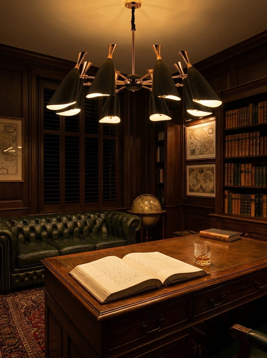 Briseis chandelier at night as the only light in a study