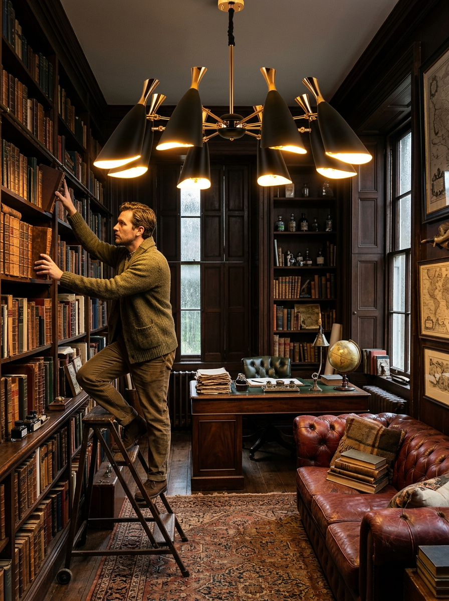 Briseis 8-light chandelier lit in a dark academia study