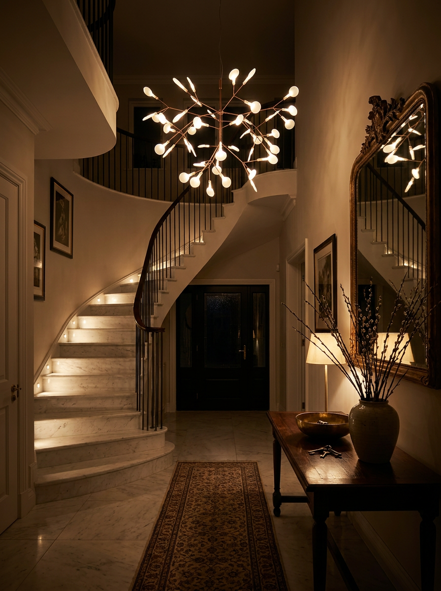 Bion chandelier at night as the only light in an entry hall