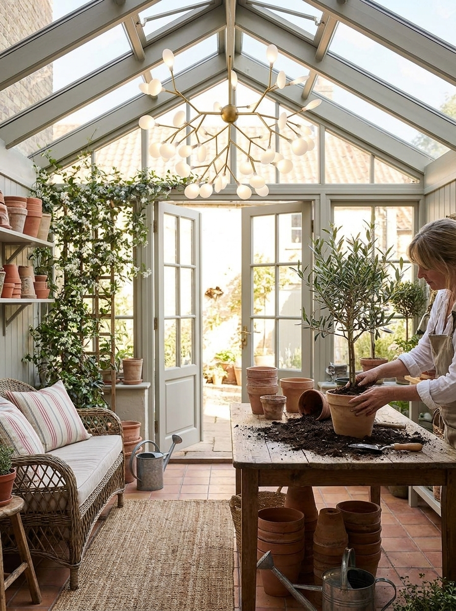Chryseis 36-light gold chandelier lit in a bright garden room