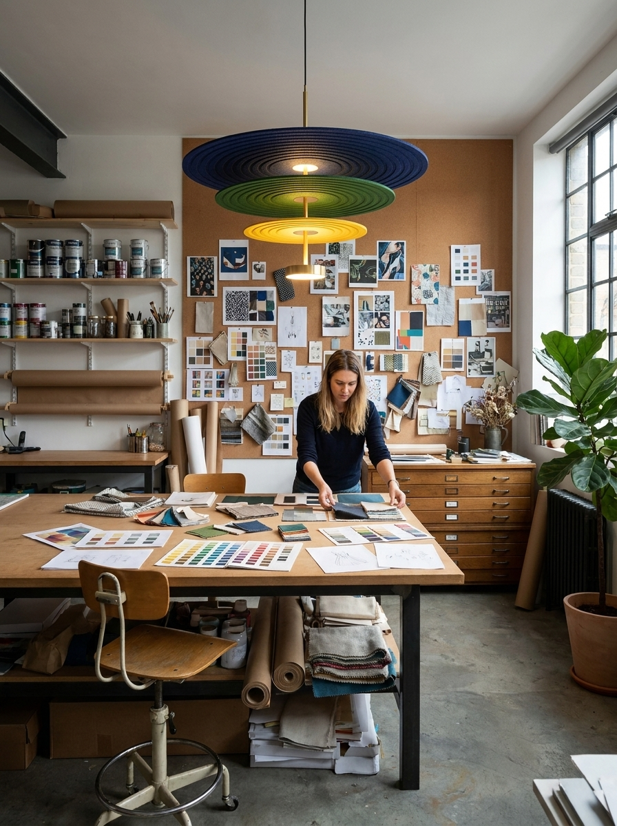 Chloris felt acoustic chandelier lit over a studio work table