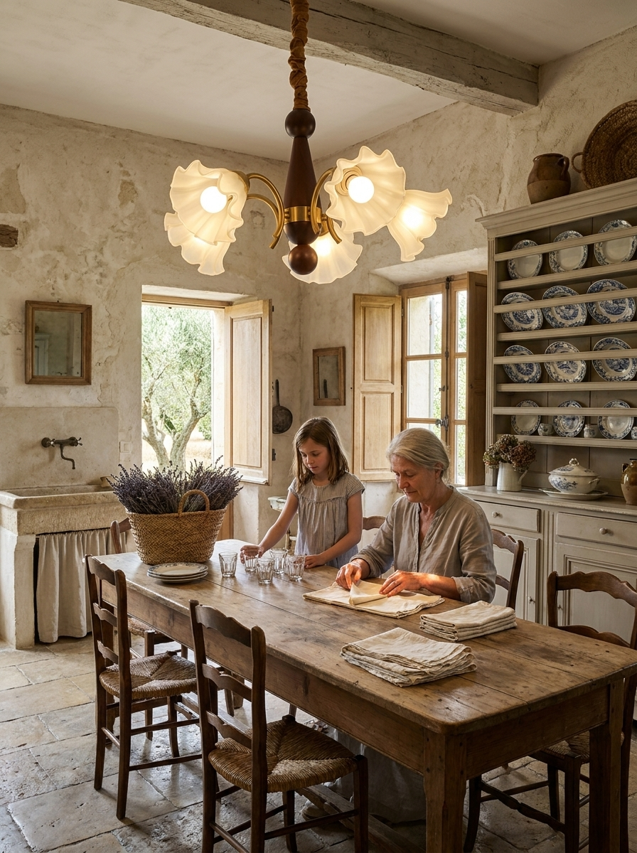 Demophon lily flower chandelier lit in a Provencal farmhouse dining room