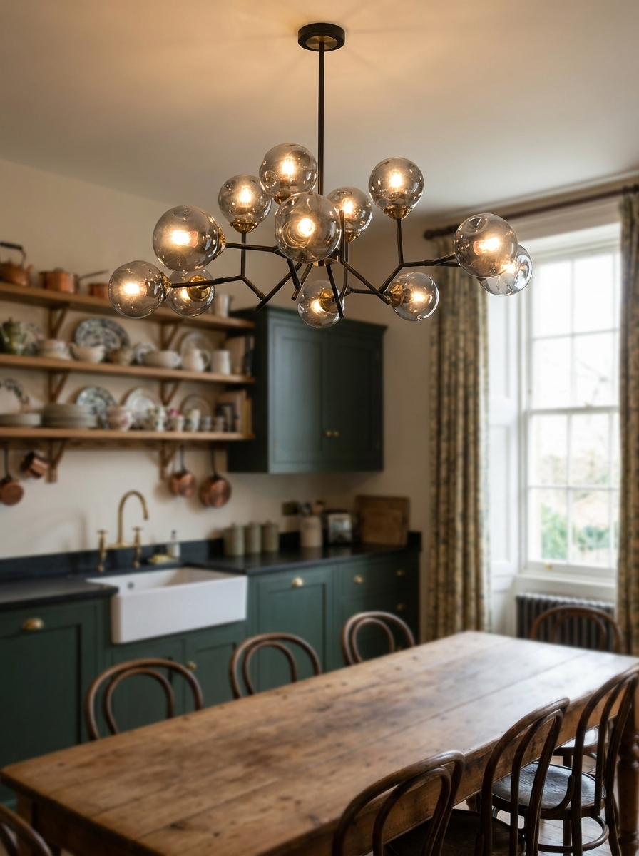 Deiphobos chandelier close up showing the black frame and grey glass globes