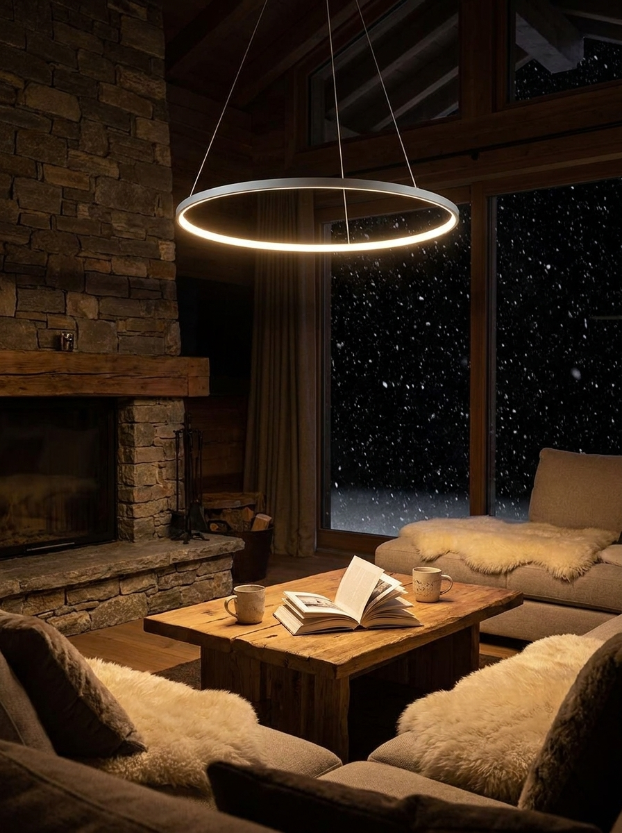 Daphnis chandelier at night as the only light in a chalet living room