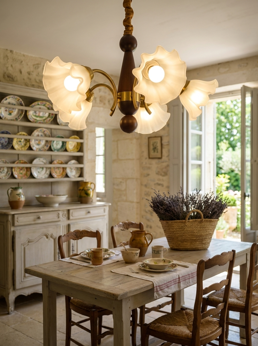 Demophon chandelier close up showing the glass flower shades and arms