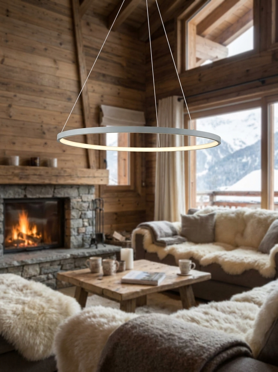 Daphnis chandelier close up showing the slim lit ring