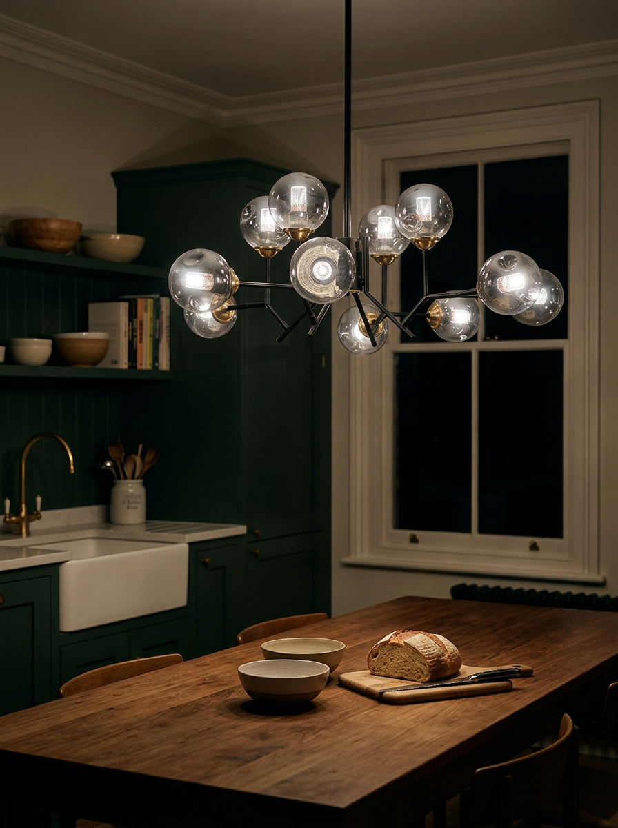 Deiphobos chandelier at night as the only light in a kitchen diner