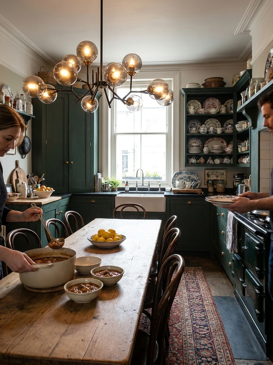 Deiphobos twelve globe chandelier lit over a Victorian kitchen table