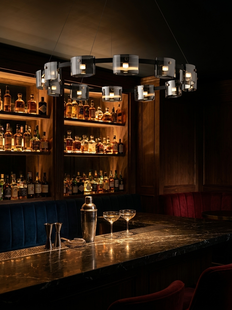 Diokles chandelier at night as the only light over a bar counter