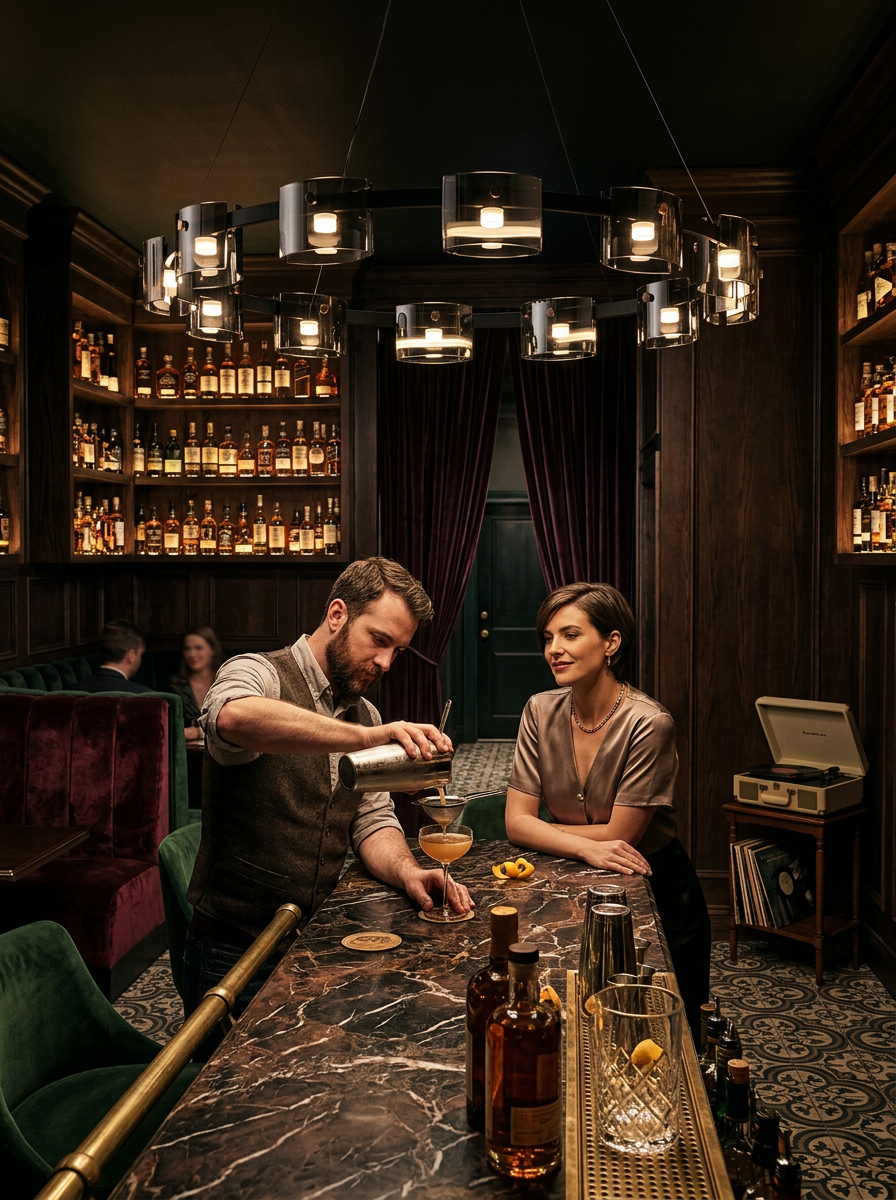 Diokles circle glass chandelier lit over a home bar