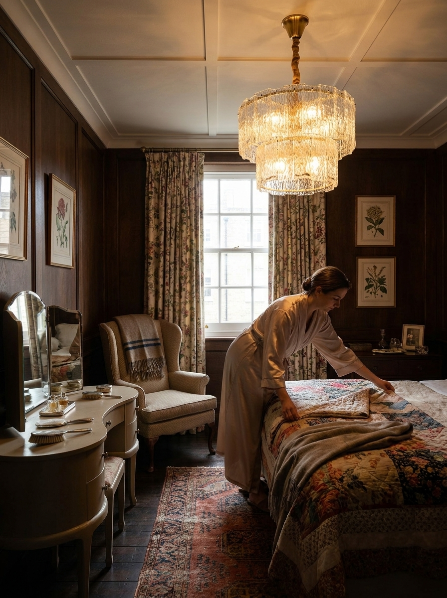 Eirene brass and glass tiered chandelier lit in a 1930s bedroom