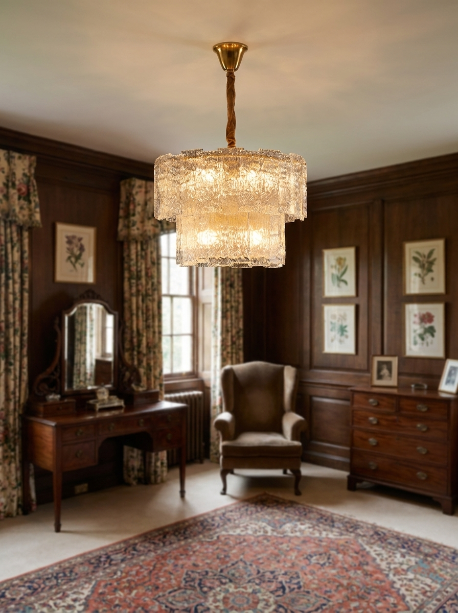 Eirene chandelier close up showing both tiers of clear glass shades