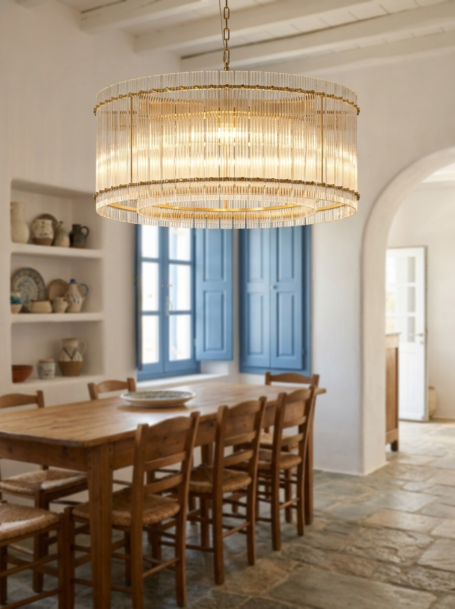Epikles chandelier close up showing the frame and clear glass shades