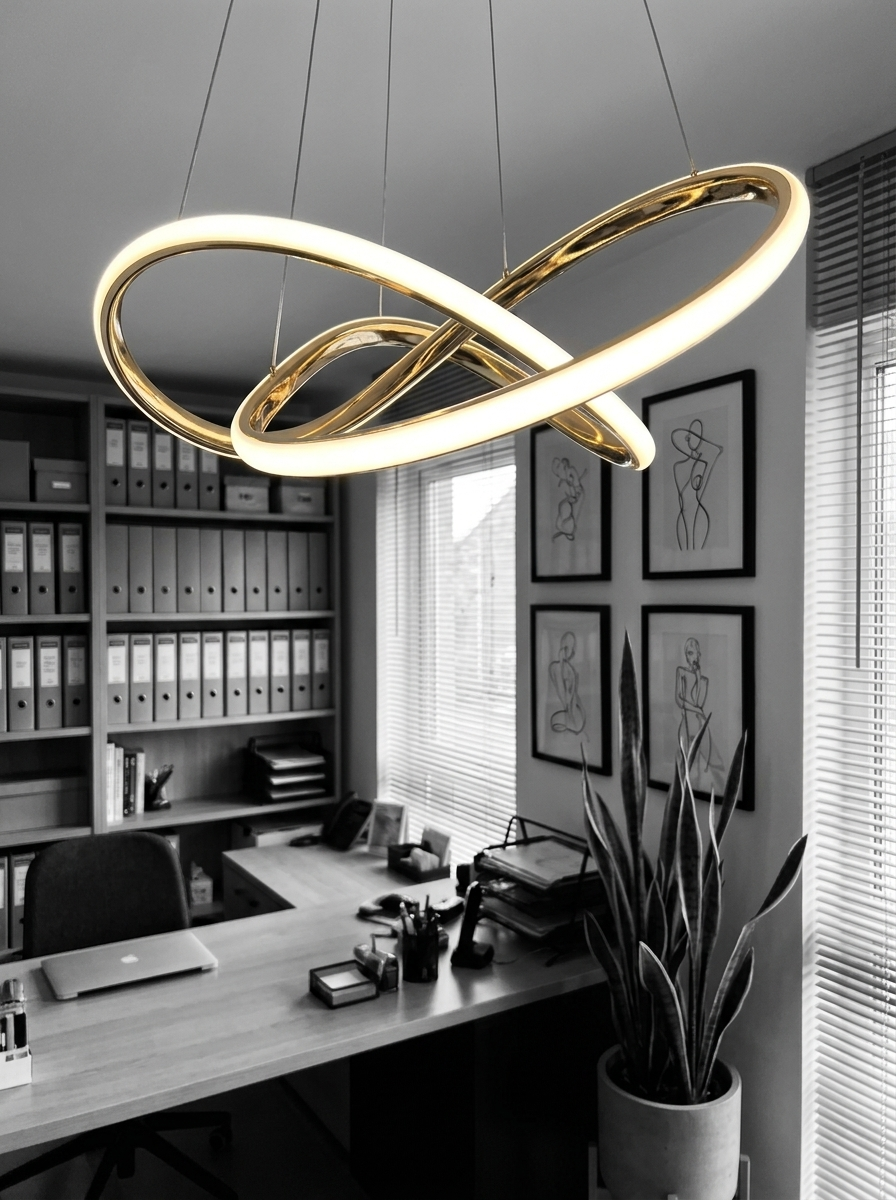 Eukleides chandelier close up showing the curved silicone diffuser band