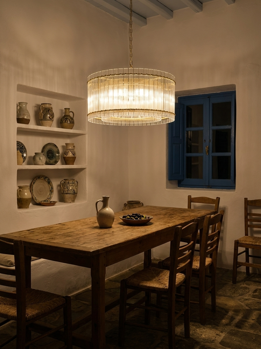 Epikles chandelier at night as the only light in a Greek island room