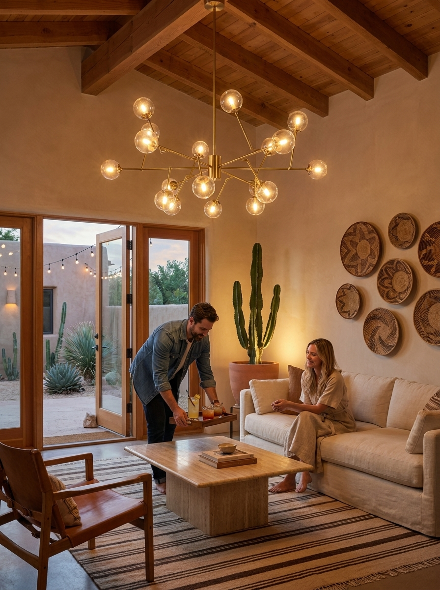 Eudora gold bubble sputnik chandelier lit in a desert modern living room
