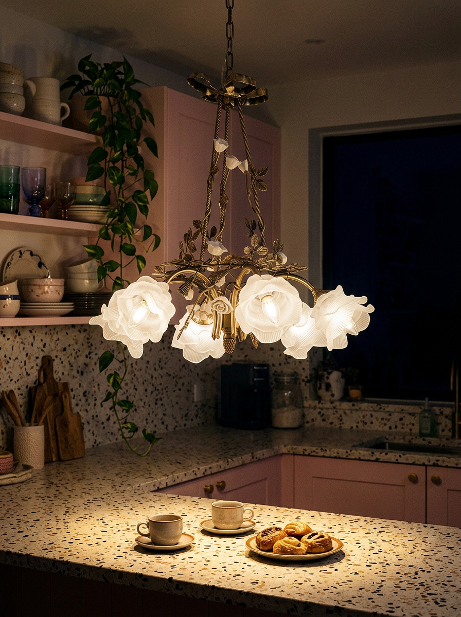 Erato chandelier at night as the only light in a pastel kitchen