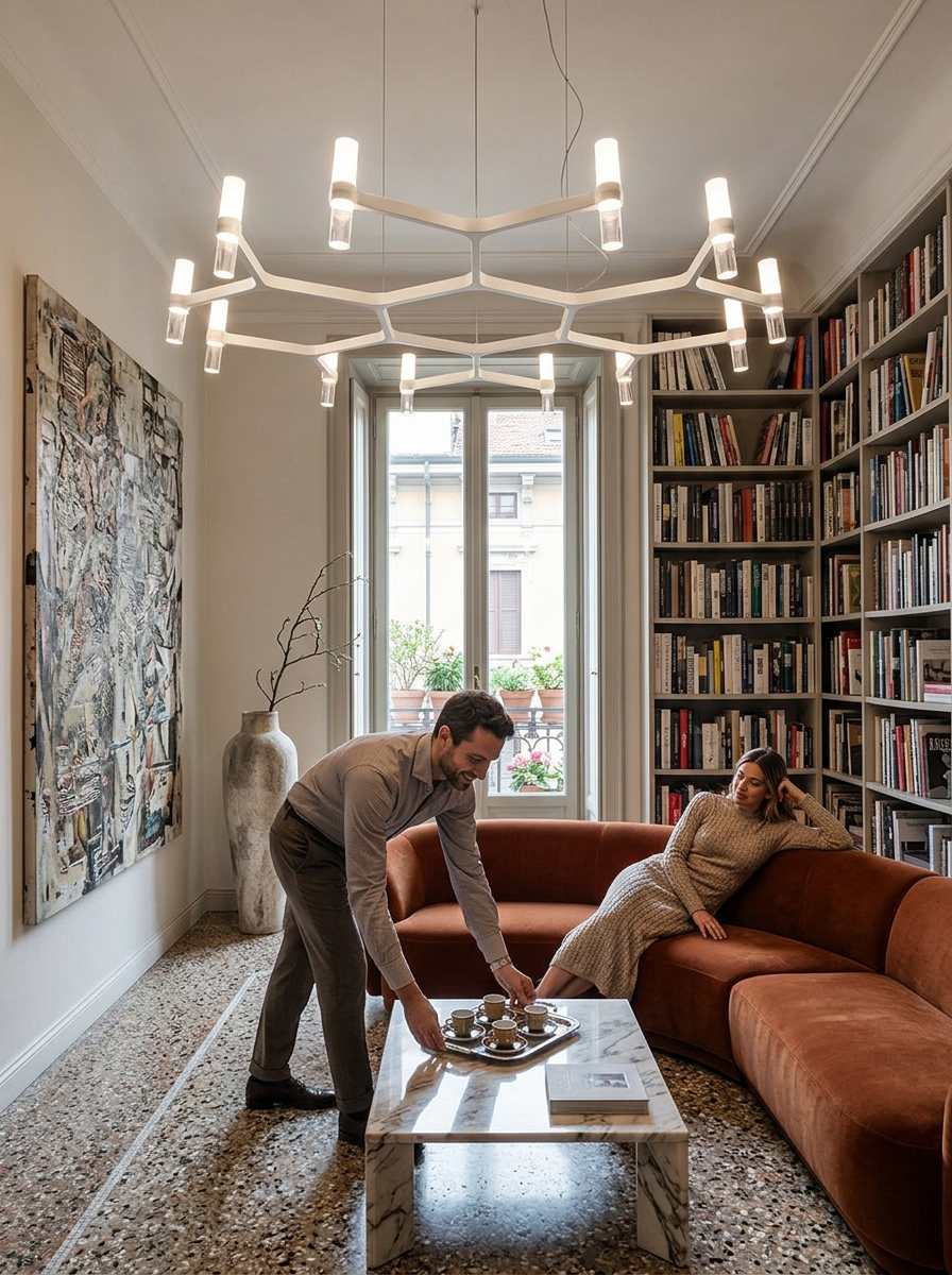 Euthymios geometric layered chandelier lit in a Milanese living room
