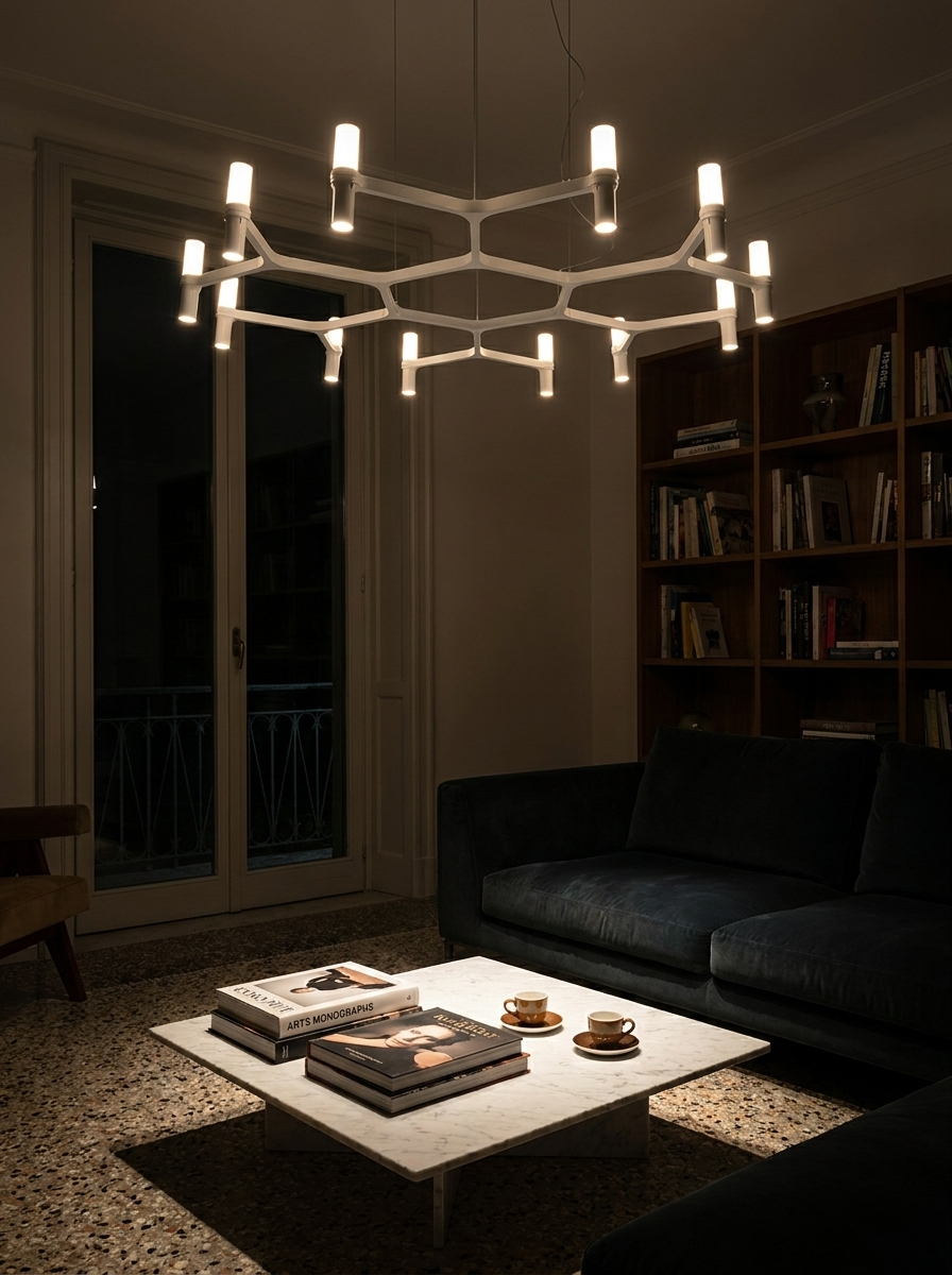 Euthymios chandelier at night as the only light in a living room