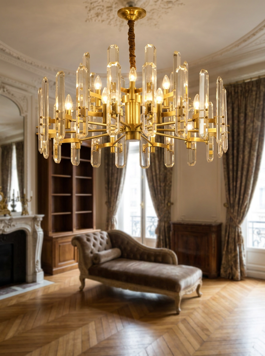 Euphrosyne chandelier close up showing the brass frame and clear glass prisms