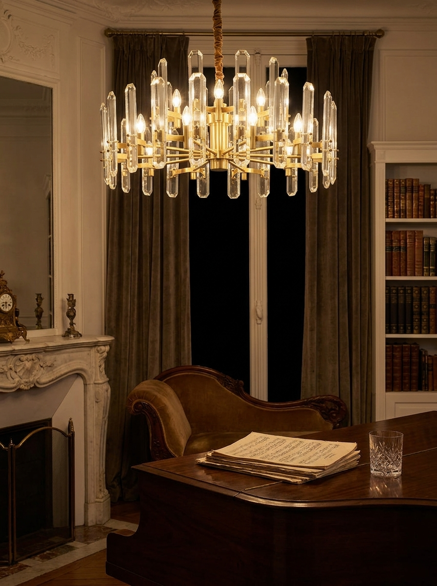 Euphrosyne chandelier at night as the only light in a period apartment