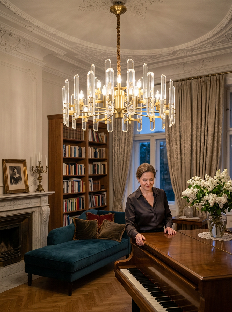 Euphrosyne brass and glass chandelier lit in a Belle Epoque apartment