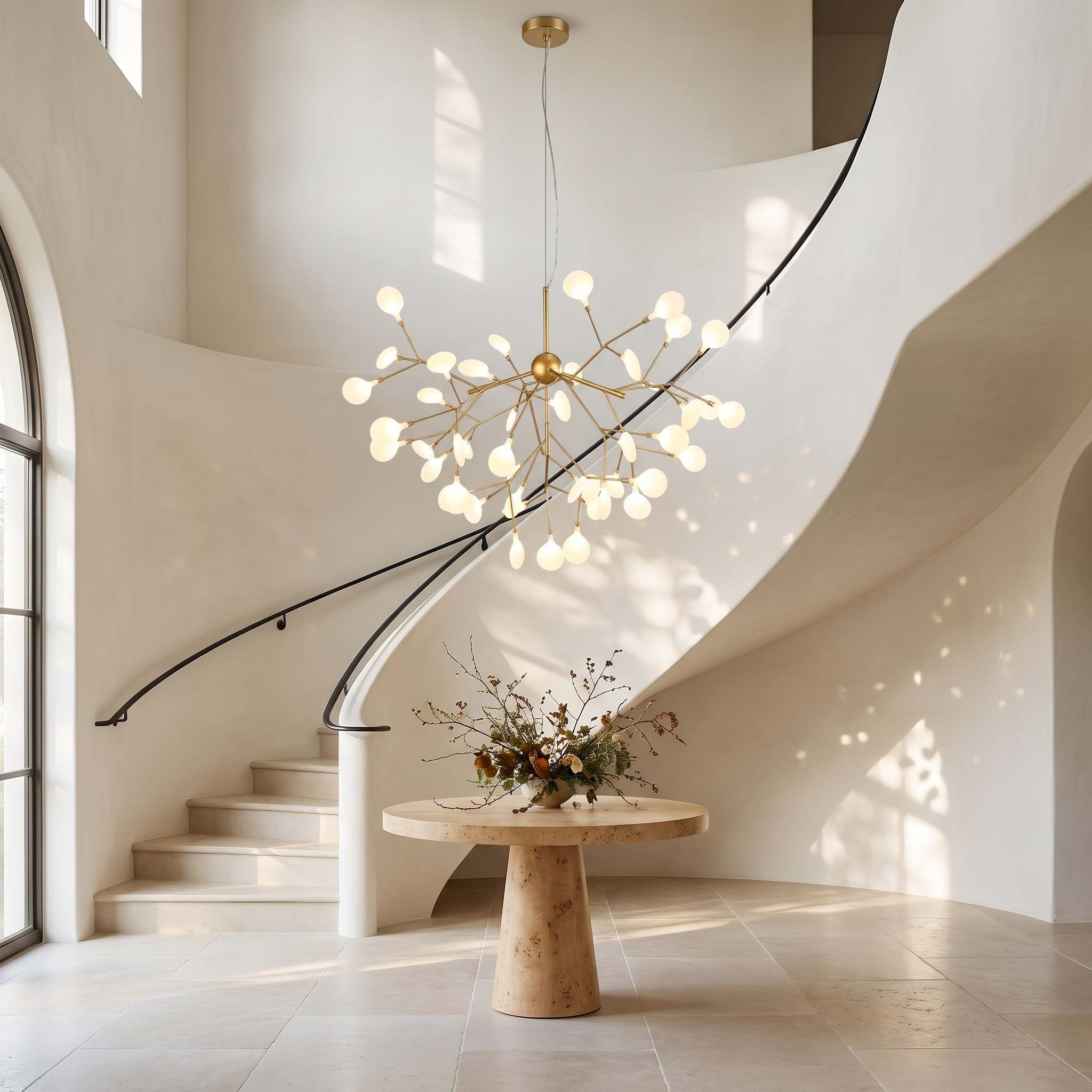 Bion brass 45-light sputnik chandelier lit in a bright double-height entrance hall with a curved plaster staircase