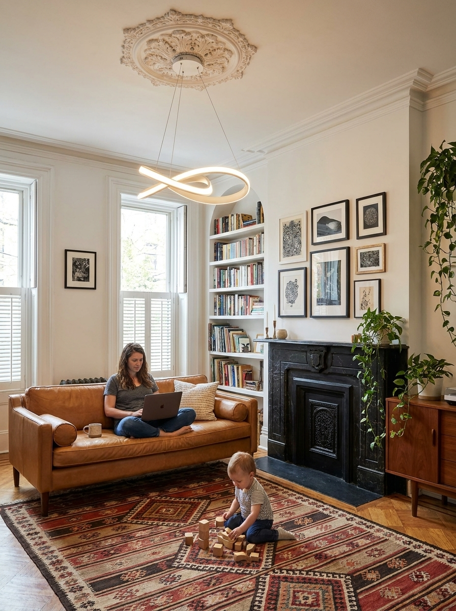 Andromeda ribbon LED chandelier lit in a brownstone parlour with a woman on the sofa