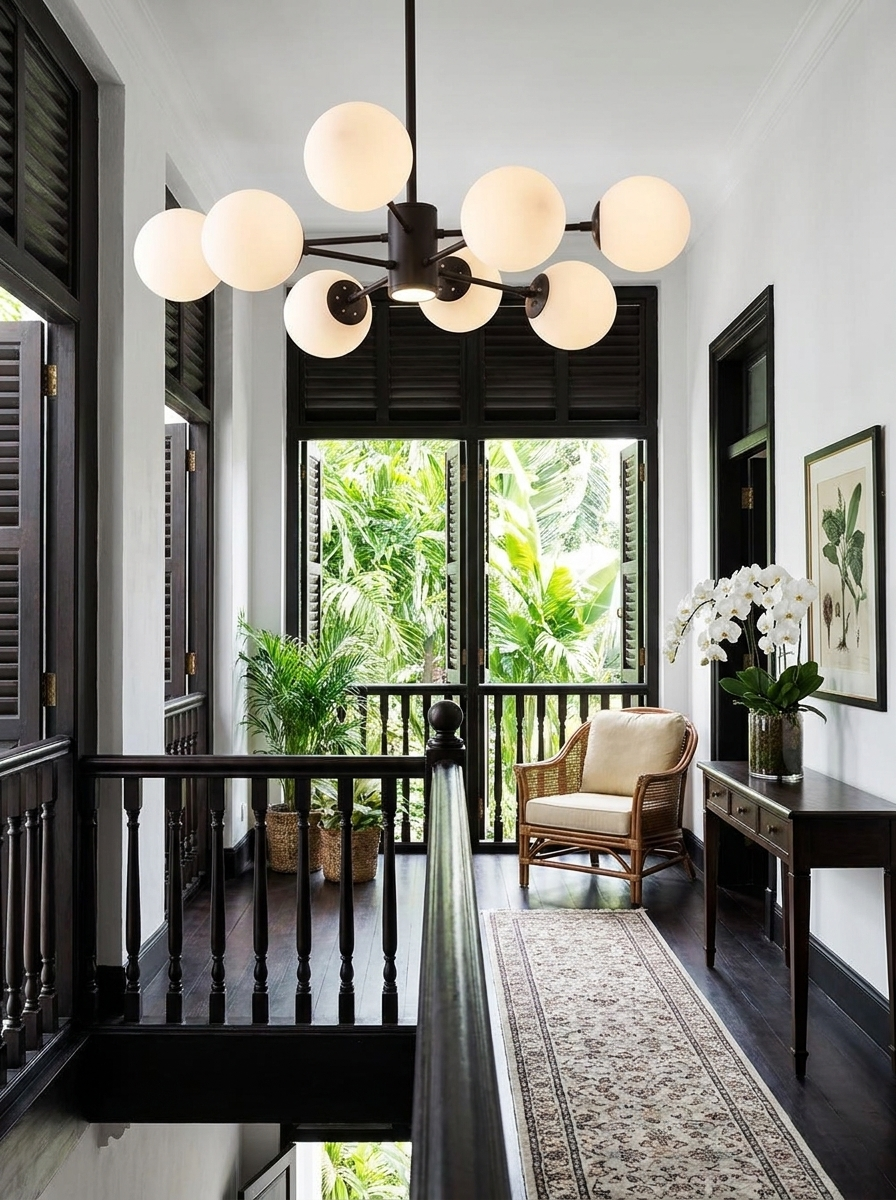 Chairephon black hub and white opal globes seen close above a furnished landing