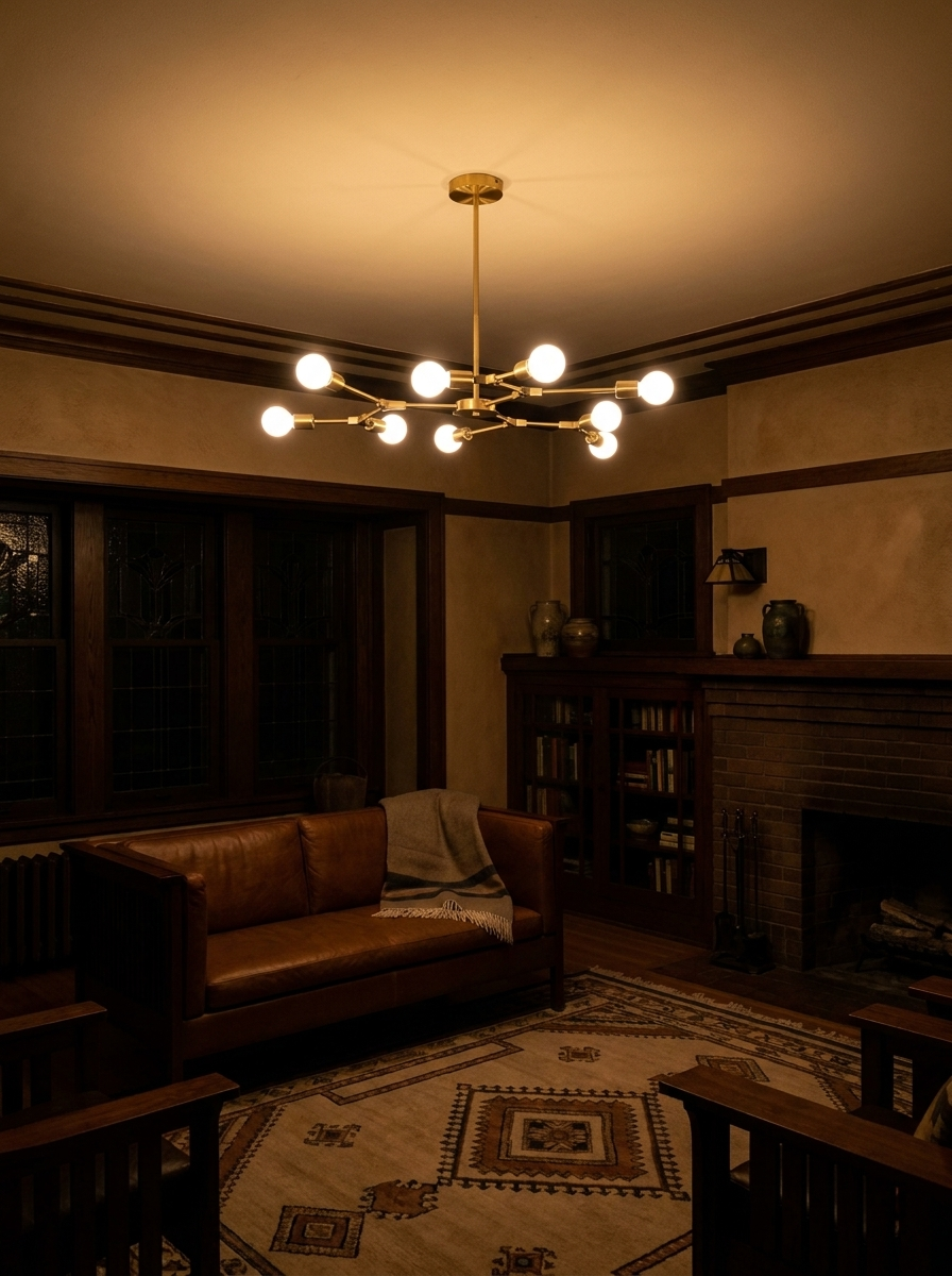 Berenika chandelier at night as the only light source in a prairie style living room